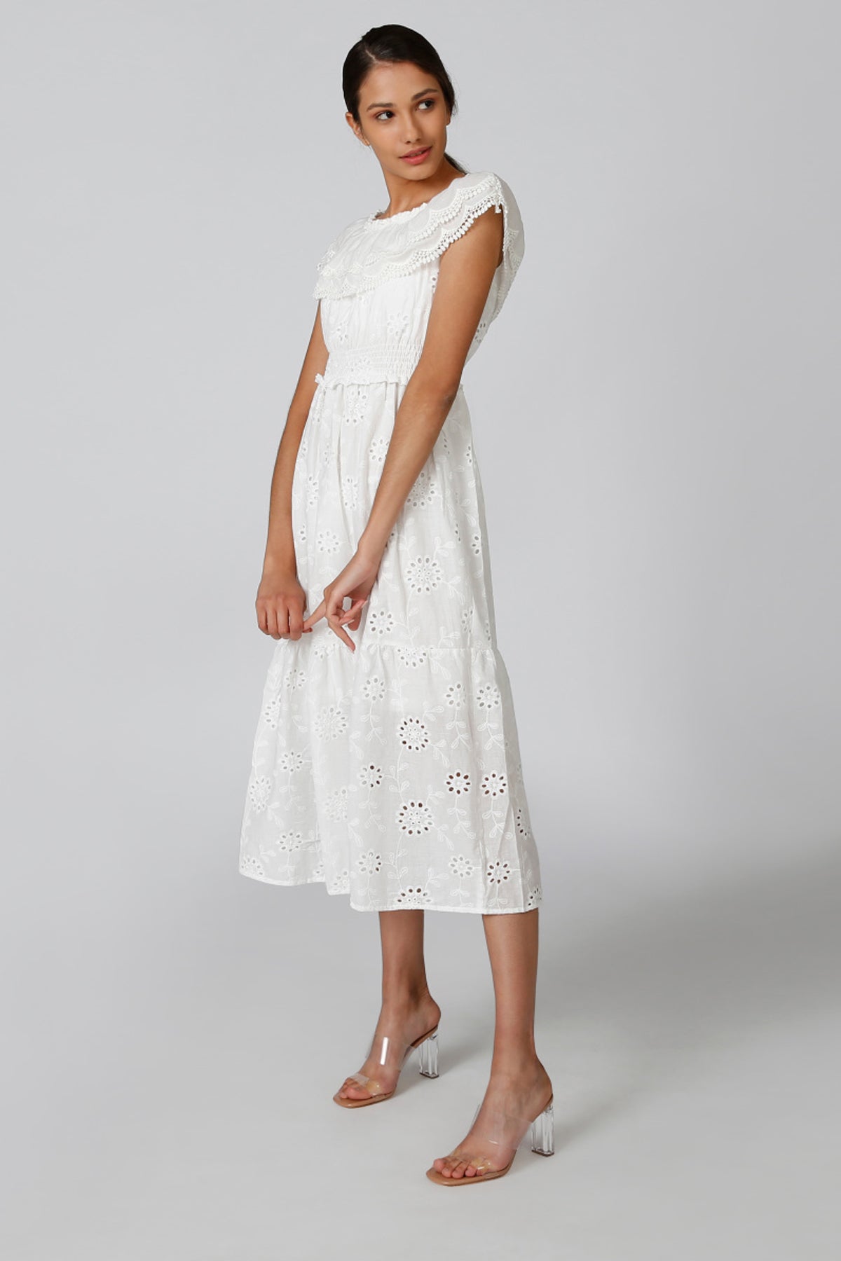 Schiffli Midi Dress with Cap Sleeves and Smocking Detail