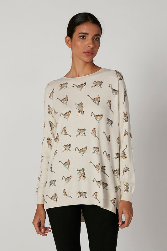 Printed Sweater with Round Neck and Long Sleeves