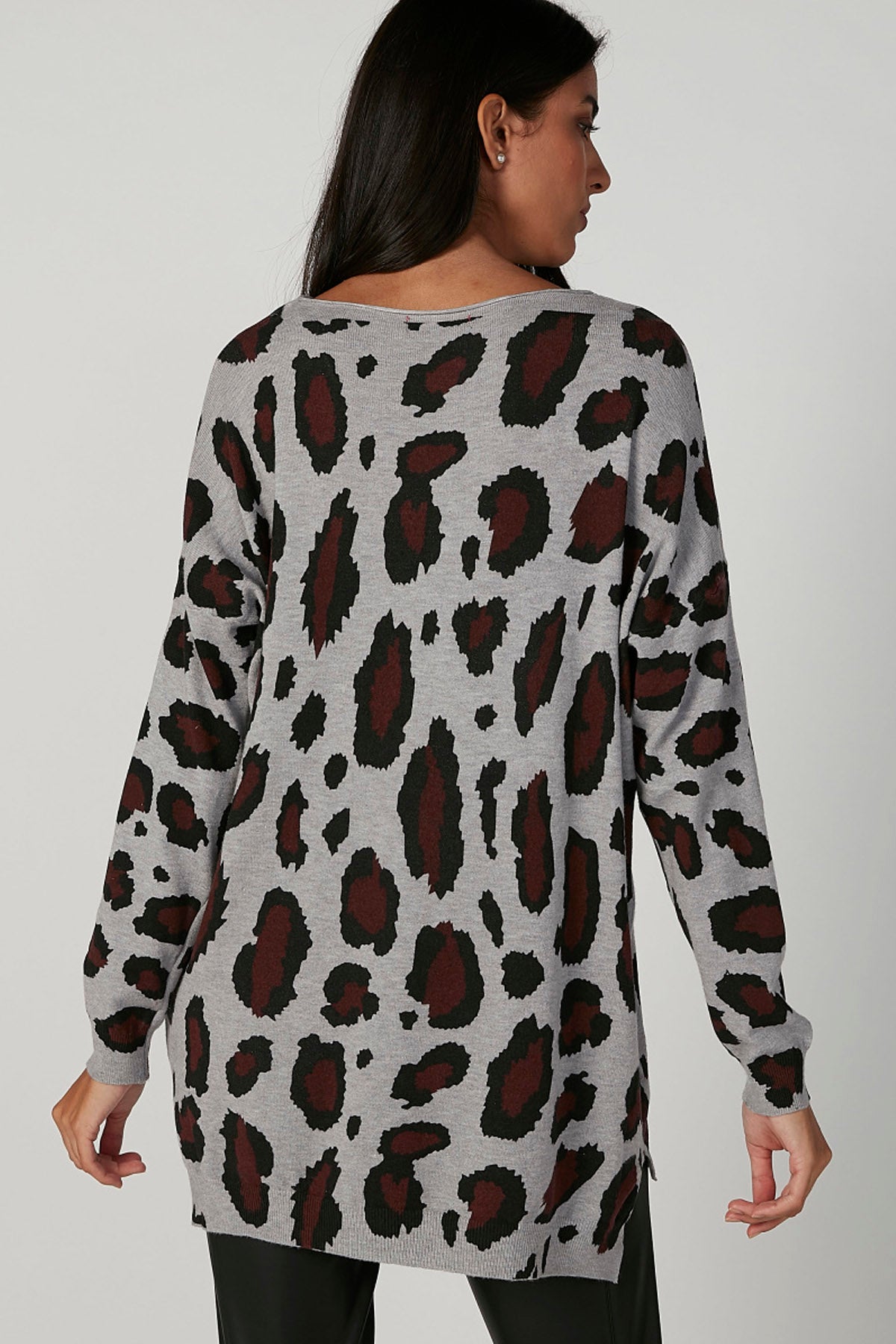 Animal Printed Sweater with Boat Neck and Long Sleeves