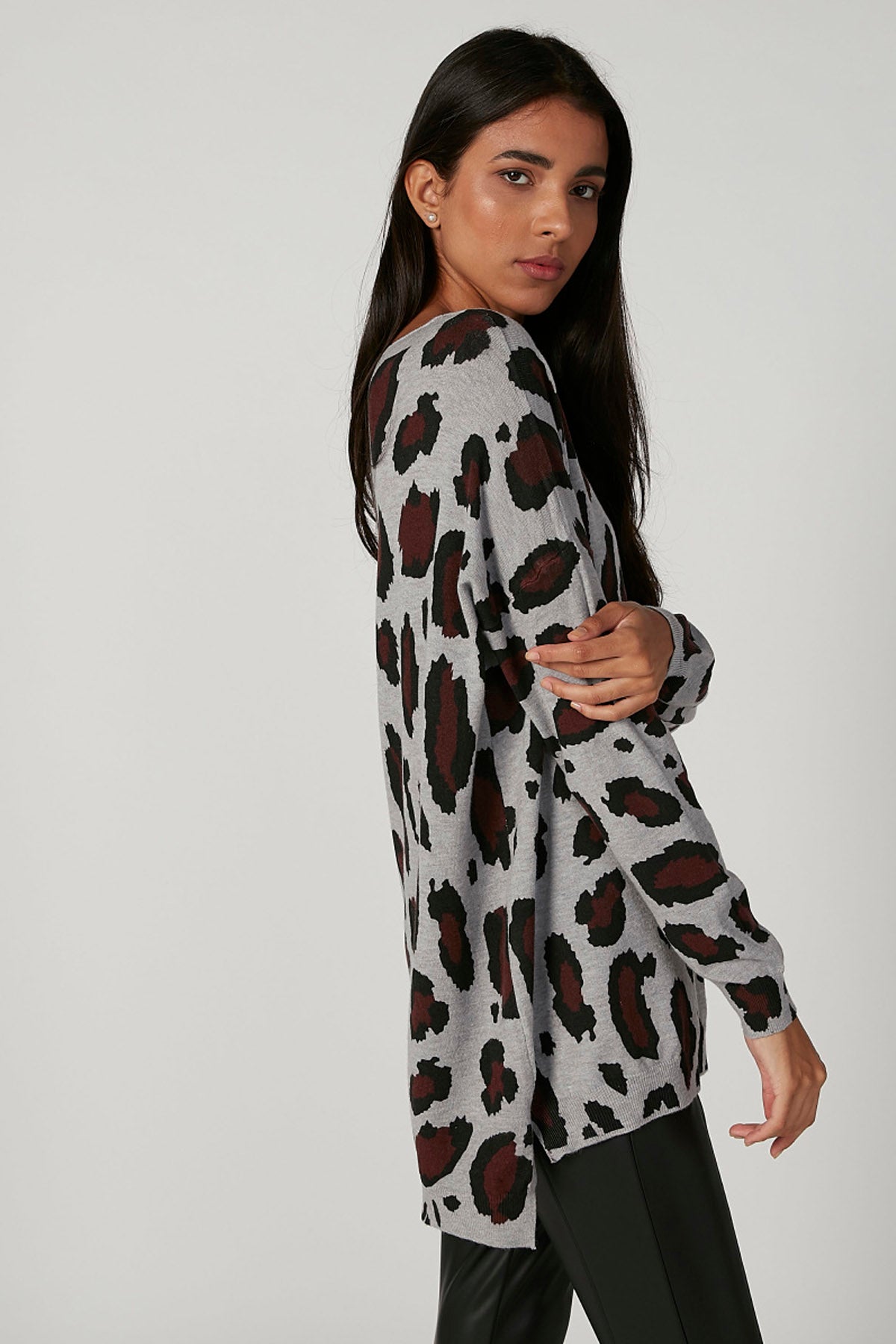 Animal Printed Sweater with Boat Neck and Long Sleeves