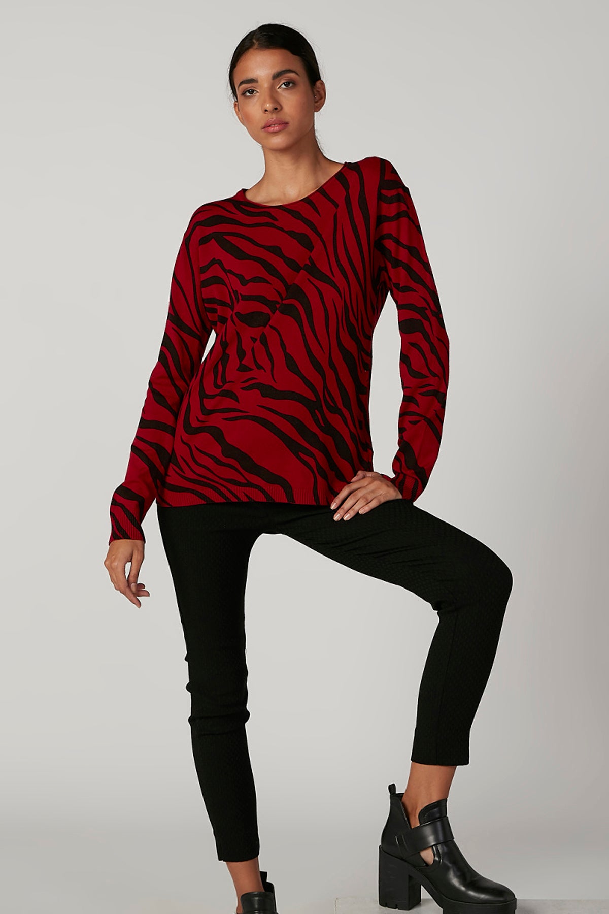 Animal Printed Sweater with Boat Neck and Long Sleeves