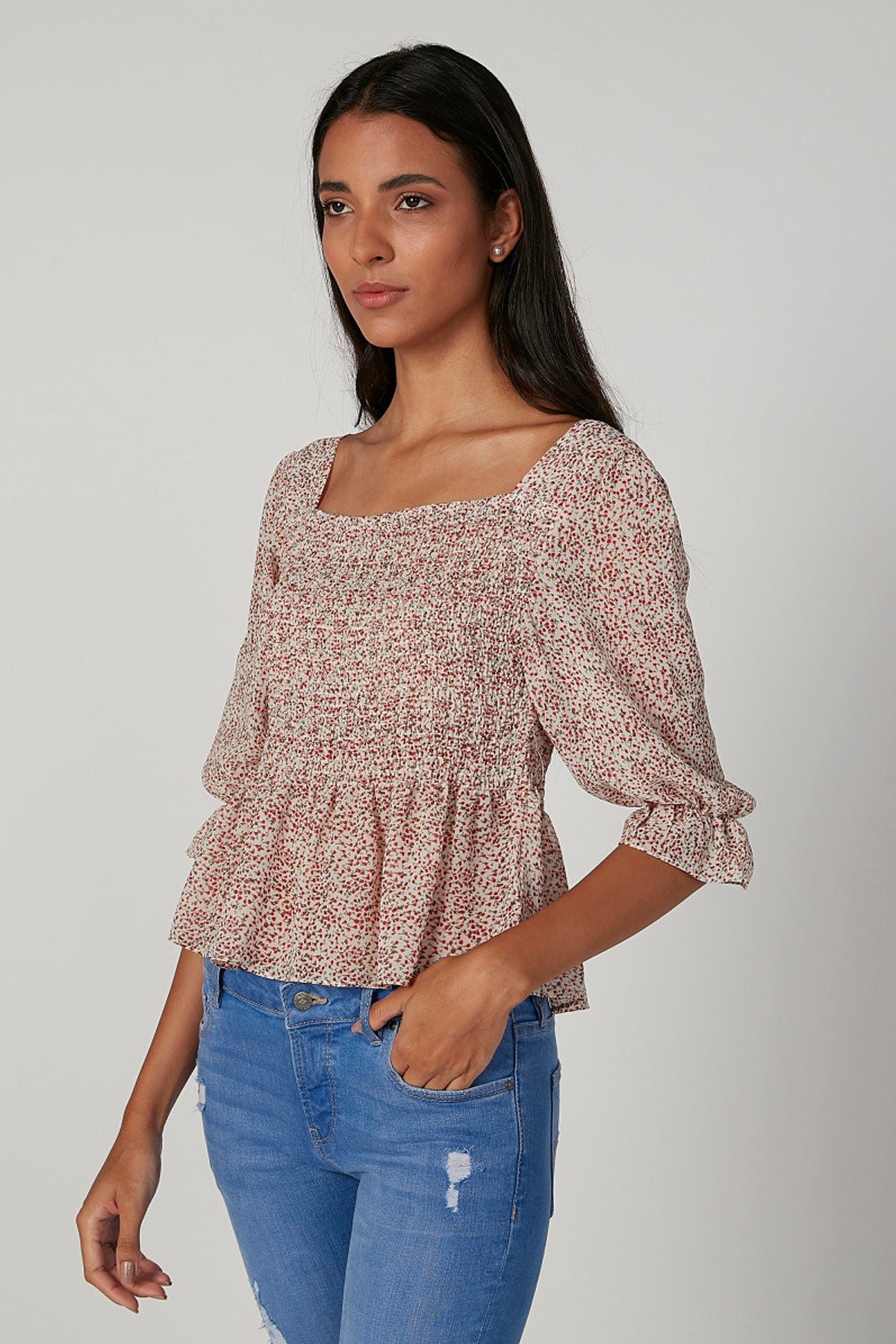 Skinny Fit Printed Top with Square Neck and 3/4 Sleeves