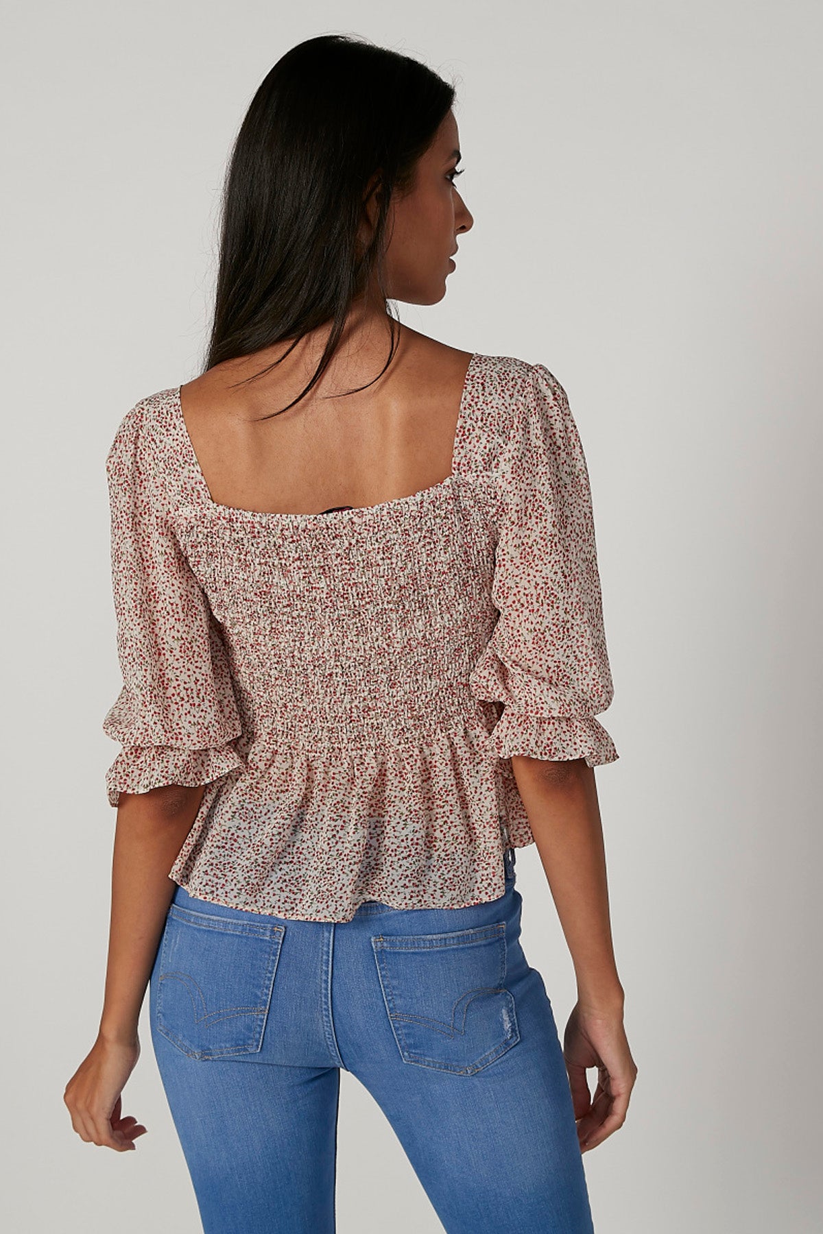 Skinny Fit Printed Top with Square Neck and 3/4 Sleeves