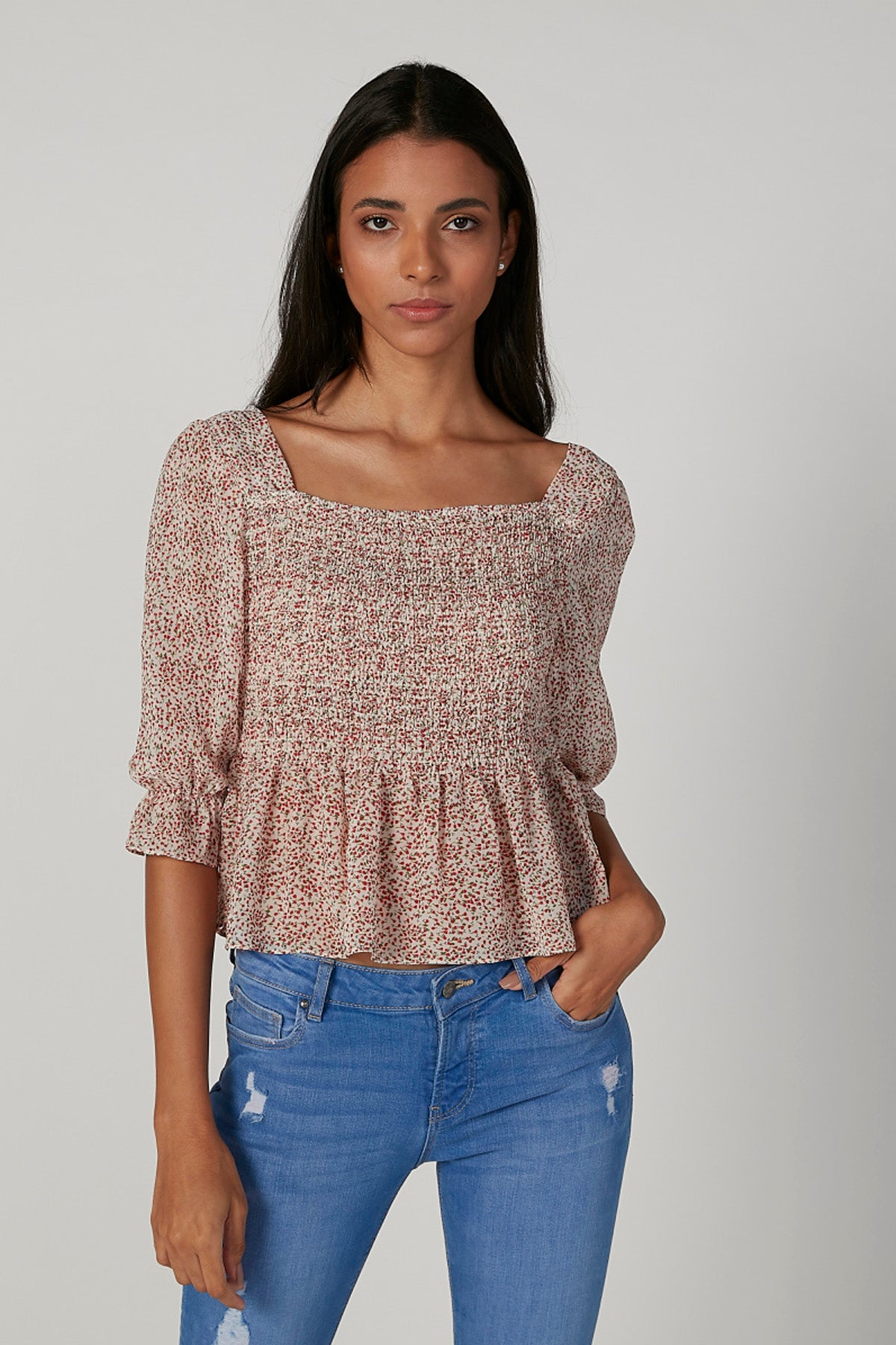 Skinny Fit Printed Top with Square Neck and 3/4 Sleeves