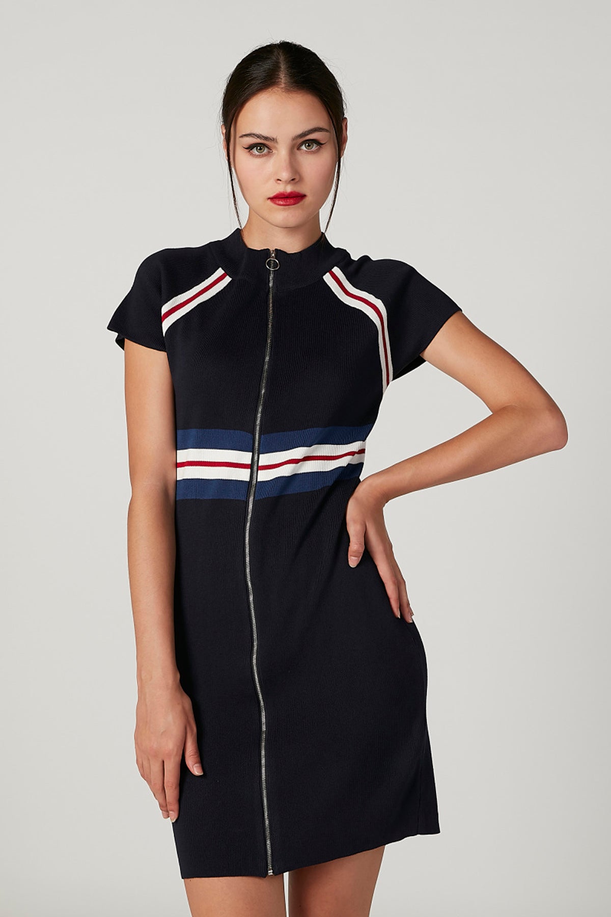 Striped Midi Bodycon Dress with Cap Sleeves and Zip Detail