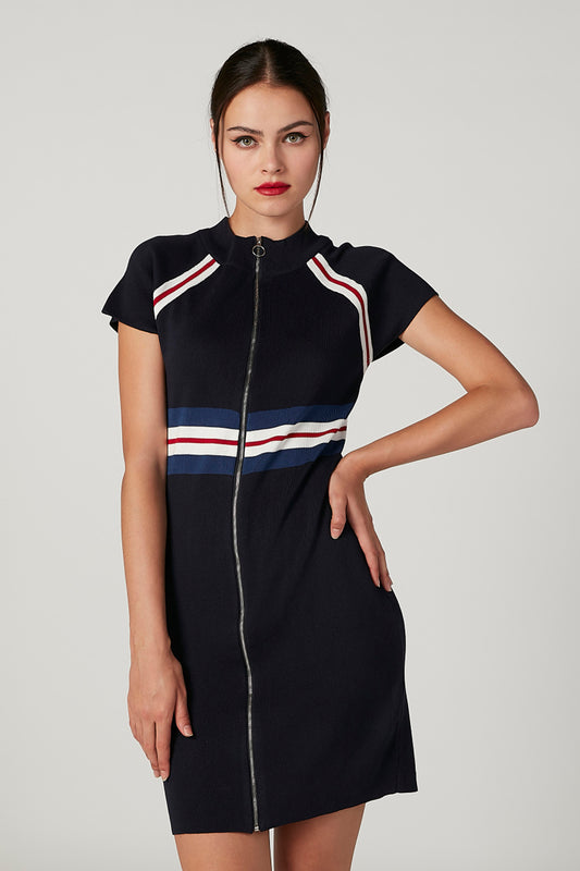 Striped Midi Bodycon Dress with Cap Sleeves and Zip Detail