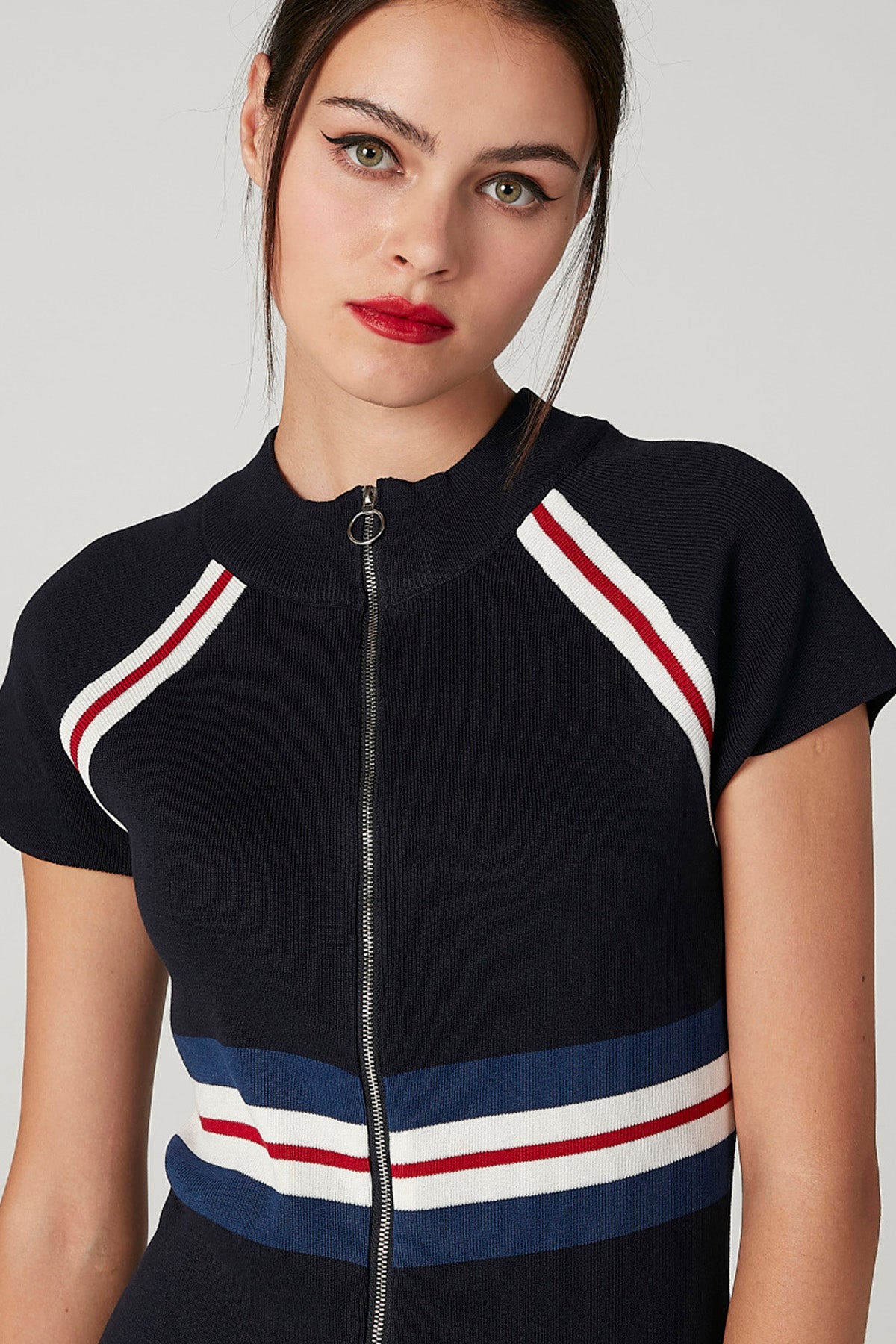 Striped Midi Bodycon Dress with Cap Sleeves and Zip Detail