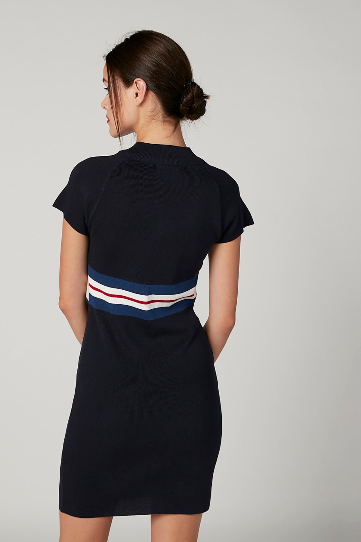 Striped Midi Bodycon Dress with Cap Sleeves and Zip Detail