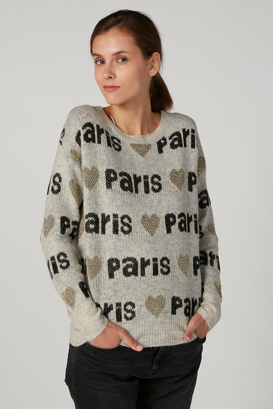 Wide Fit Printed Sweater with Round Neck and Long Sleeves