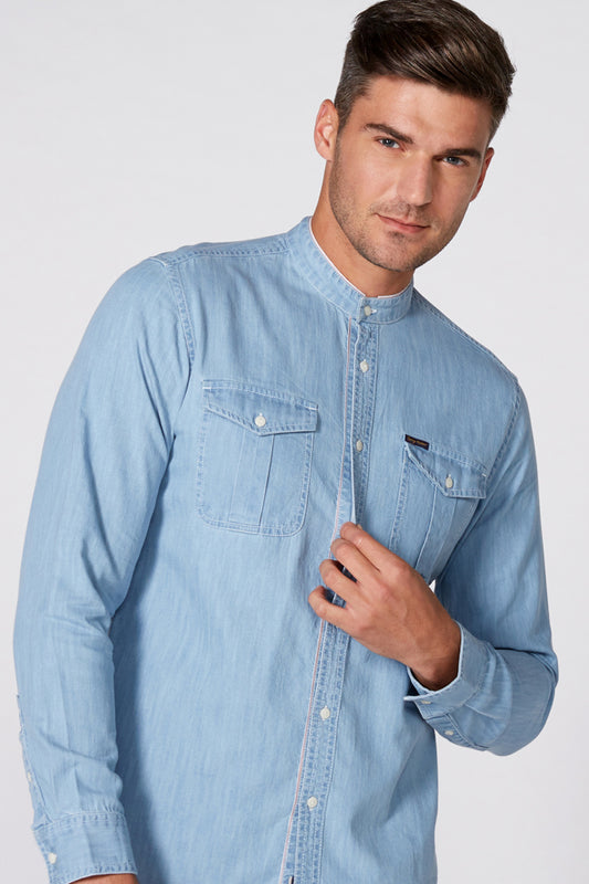 Mandarin Collar Denim Shirt with Long Sleeves