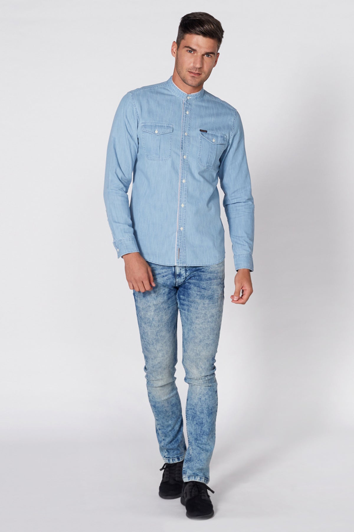 Mandarin Collar Denim Shirt with Long Sleeves