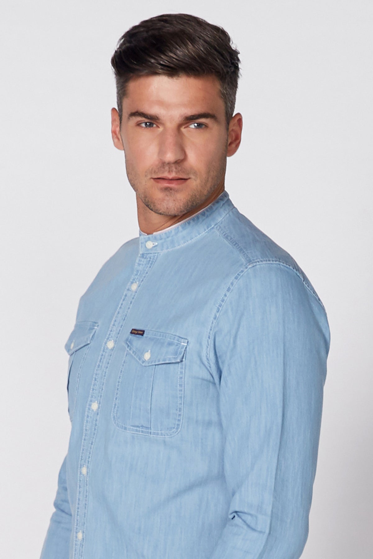 Mandarin Collar Denim Shirt with Long Sleeves