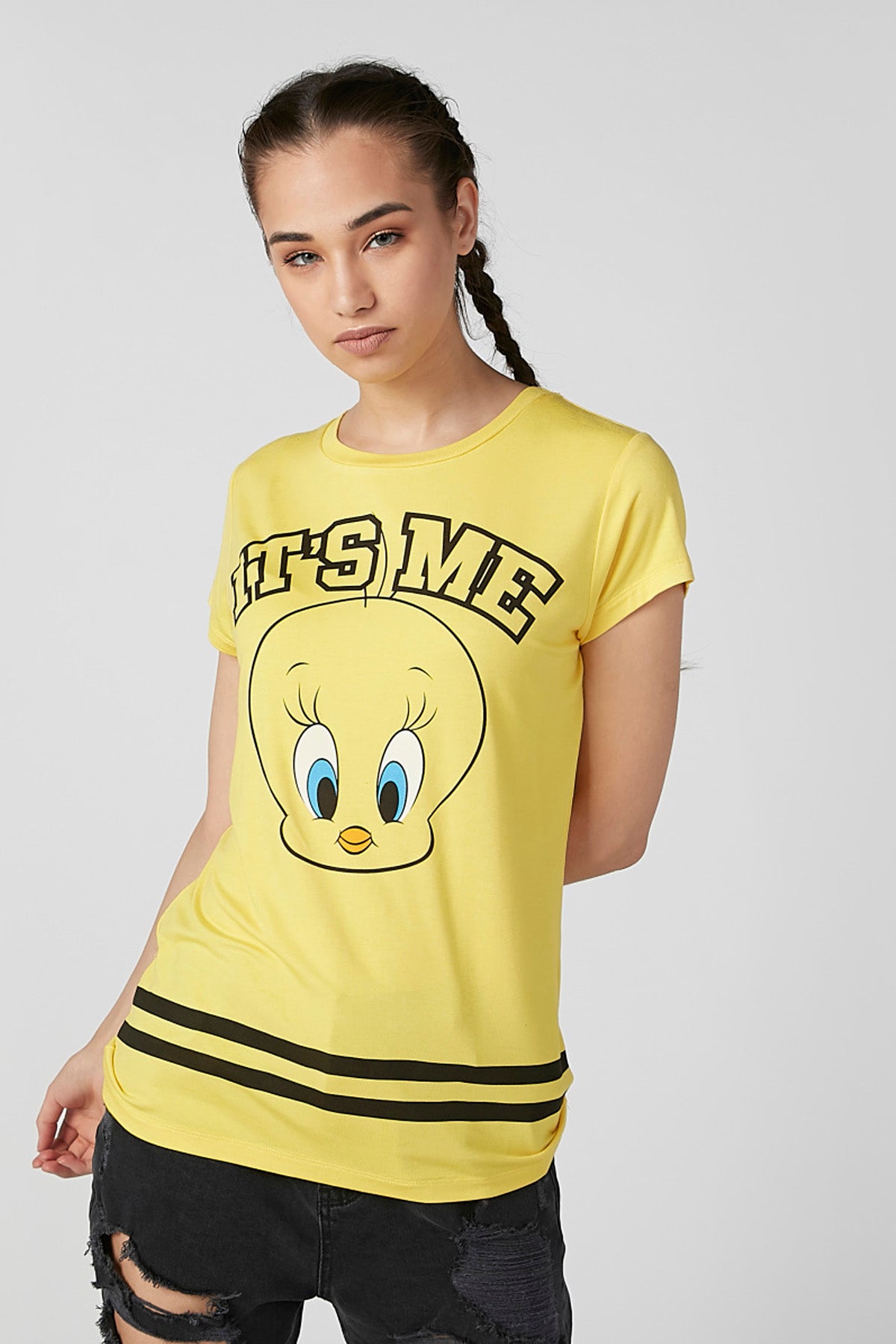 Skinny Fit Tweety Printed T-shirt with Round Neck and Cap Sleeves