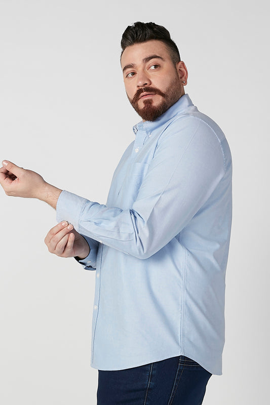 Plain Shirt with Spread Collar and Long Sleeves