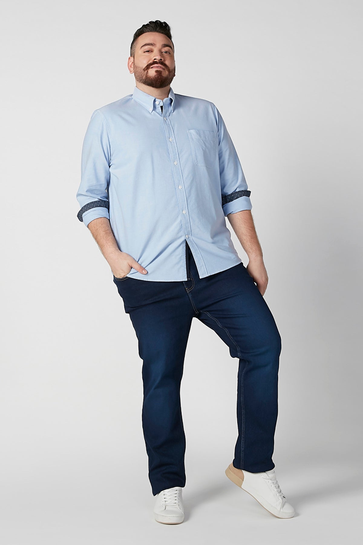 Plain Shirt with Spread Collar and Long Sleeves