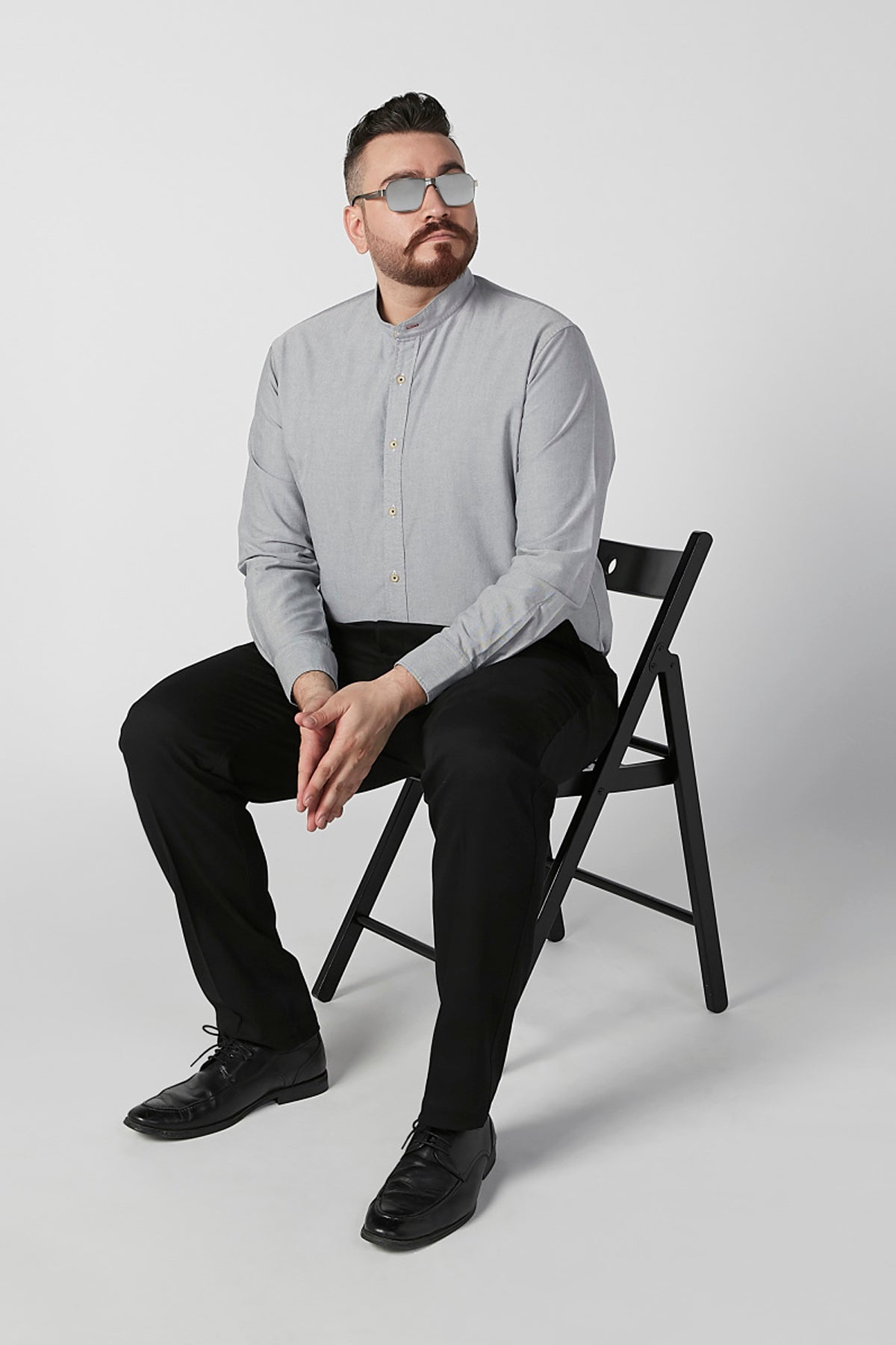 Plain Shirt with Mandarin Collar and Long Sleeves