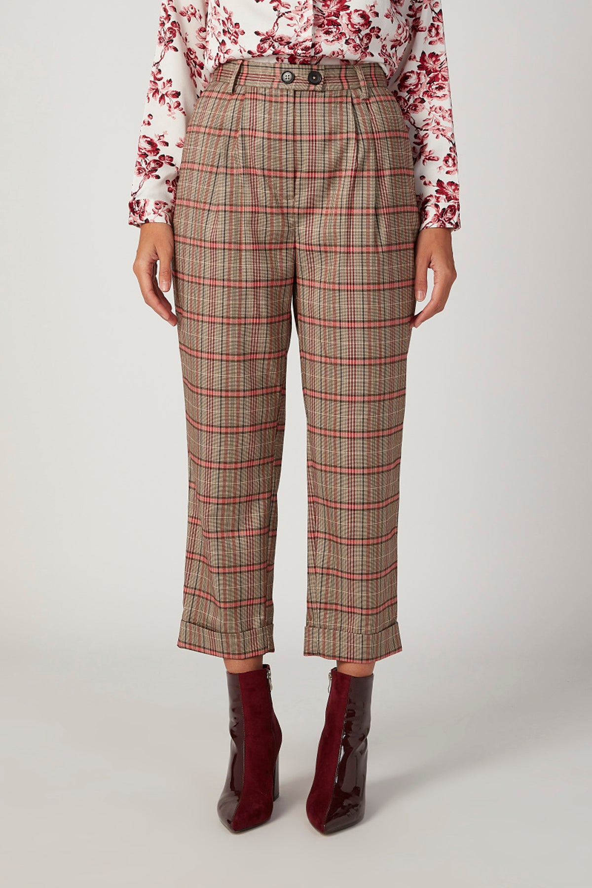 Chequered Mid Waist Pants with Elasticised Waistband and Pocket Detail