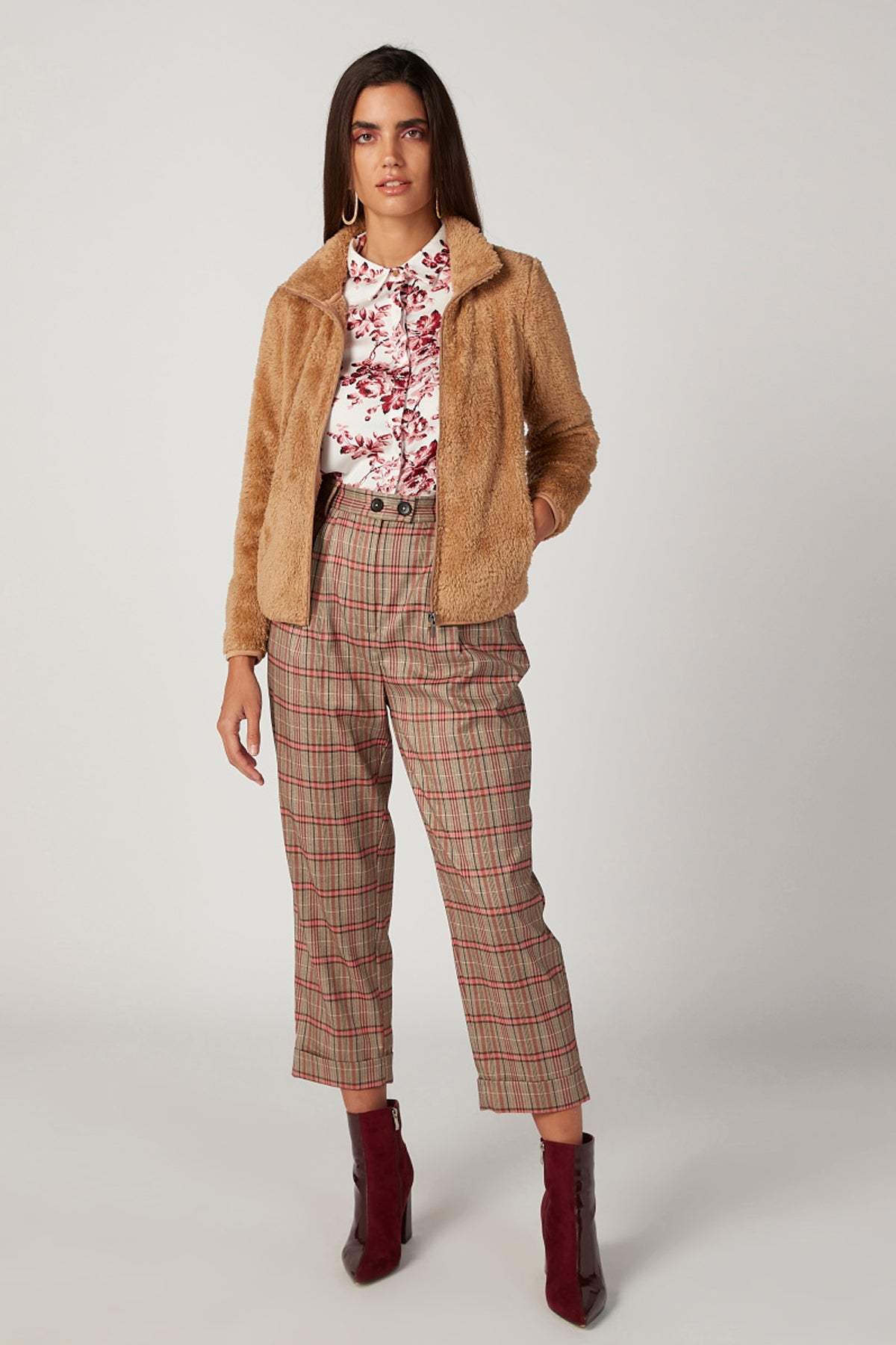 Chequered Mid Waist Pants with Elasticised Waistband and Pocket Detail