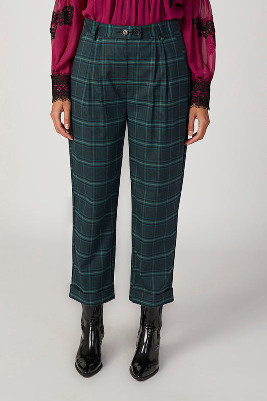 Chequered Mid Waist Pants with Elasticised Waistband and Pocket Detail