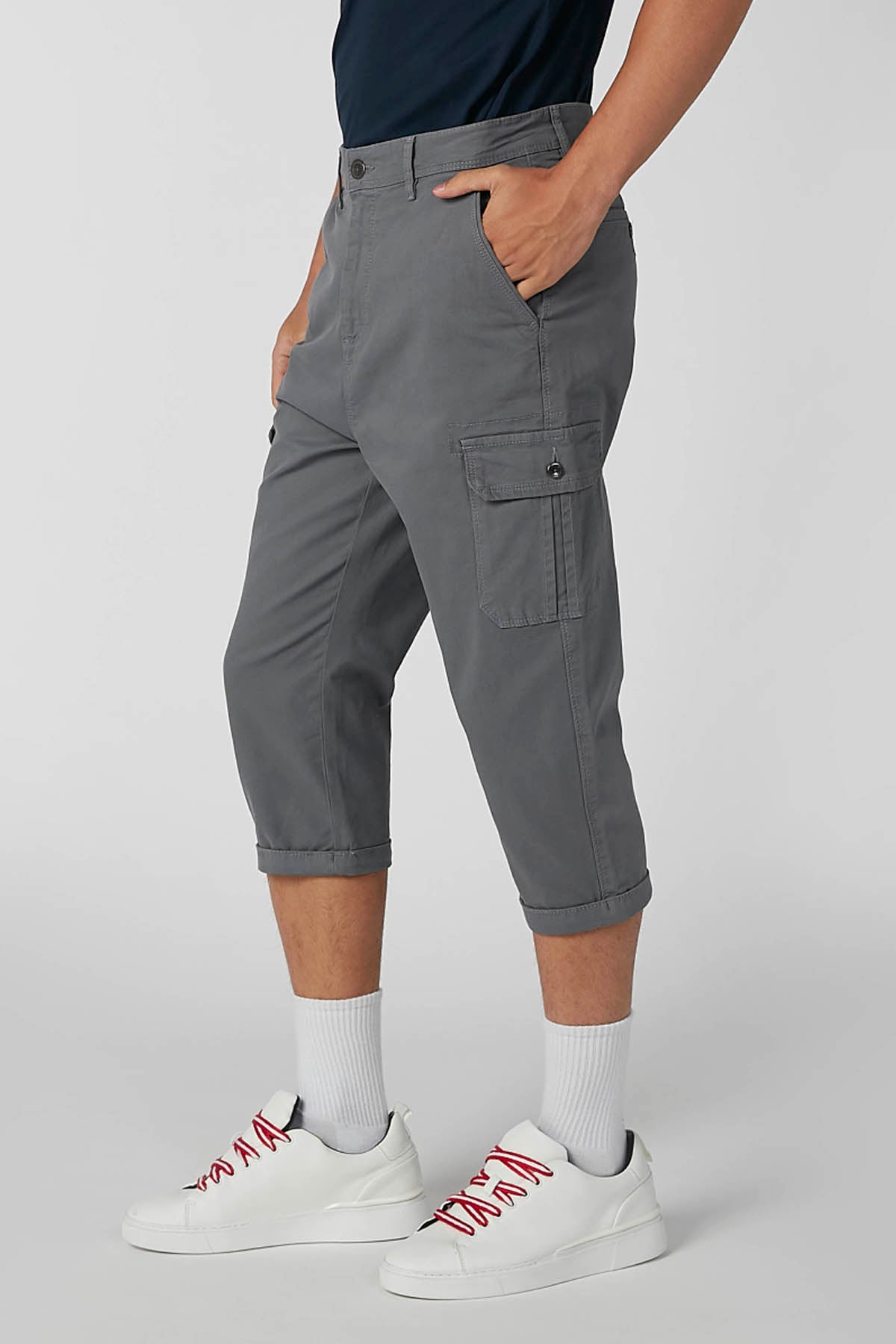 Slim Fit Plain Mid Waist 3/4 Pants with Pocket Detail