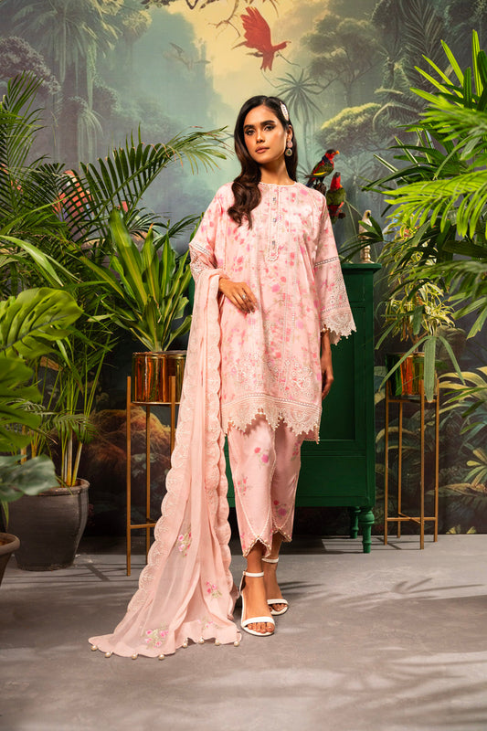 3 Pc Embroidered Lawn Suit With Chiffon Dupatta