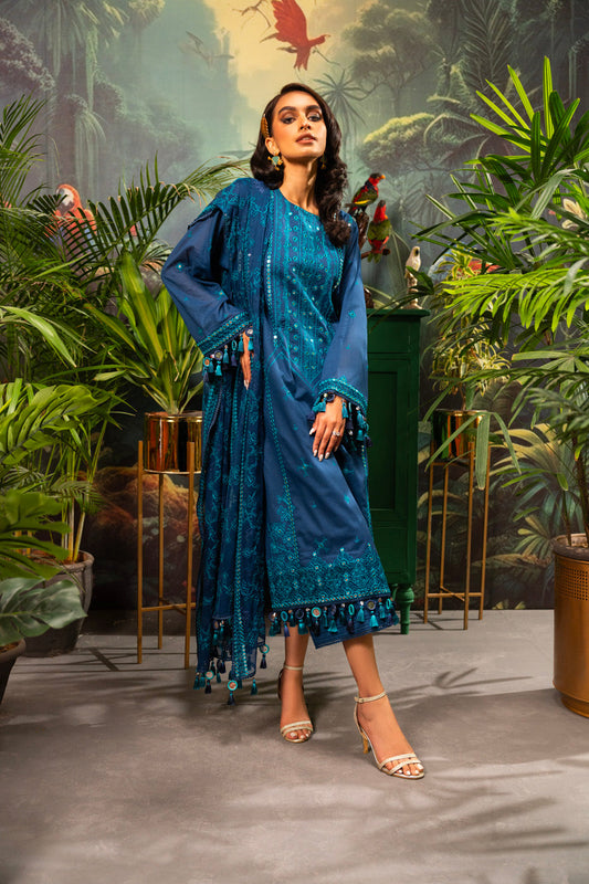 3 Pc Embroidered Lawn Suit With Chiffon Dupatta