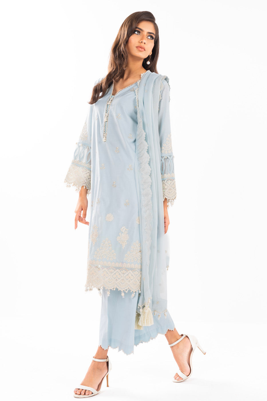 3 Pc Embroidered Lawn Suit With Chiffon Dupatta