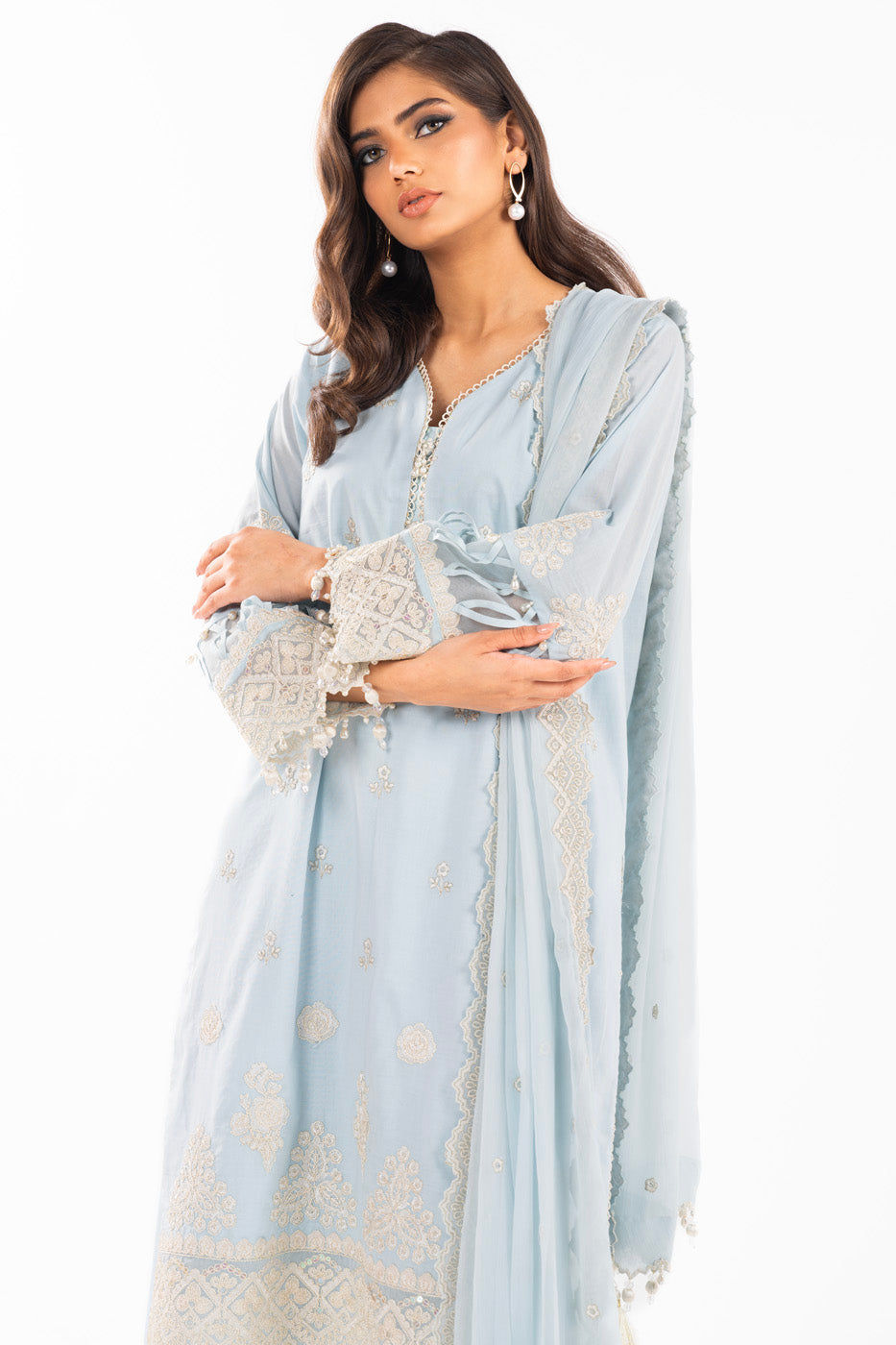 3 Pc Embroidered Lawn Suit With Chiffon Dupatta