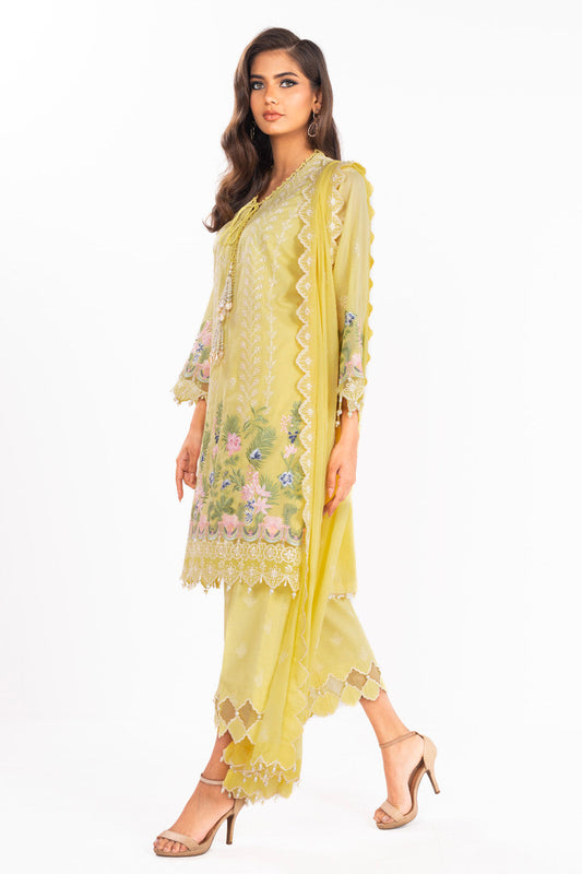 3 Pc Embroidered Lawn Suit With Chiffon Dupatta