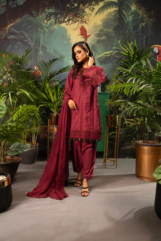 3 Pc Embroidered Lawn Suit With Chiffon Dupatta