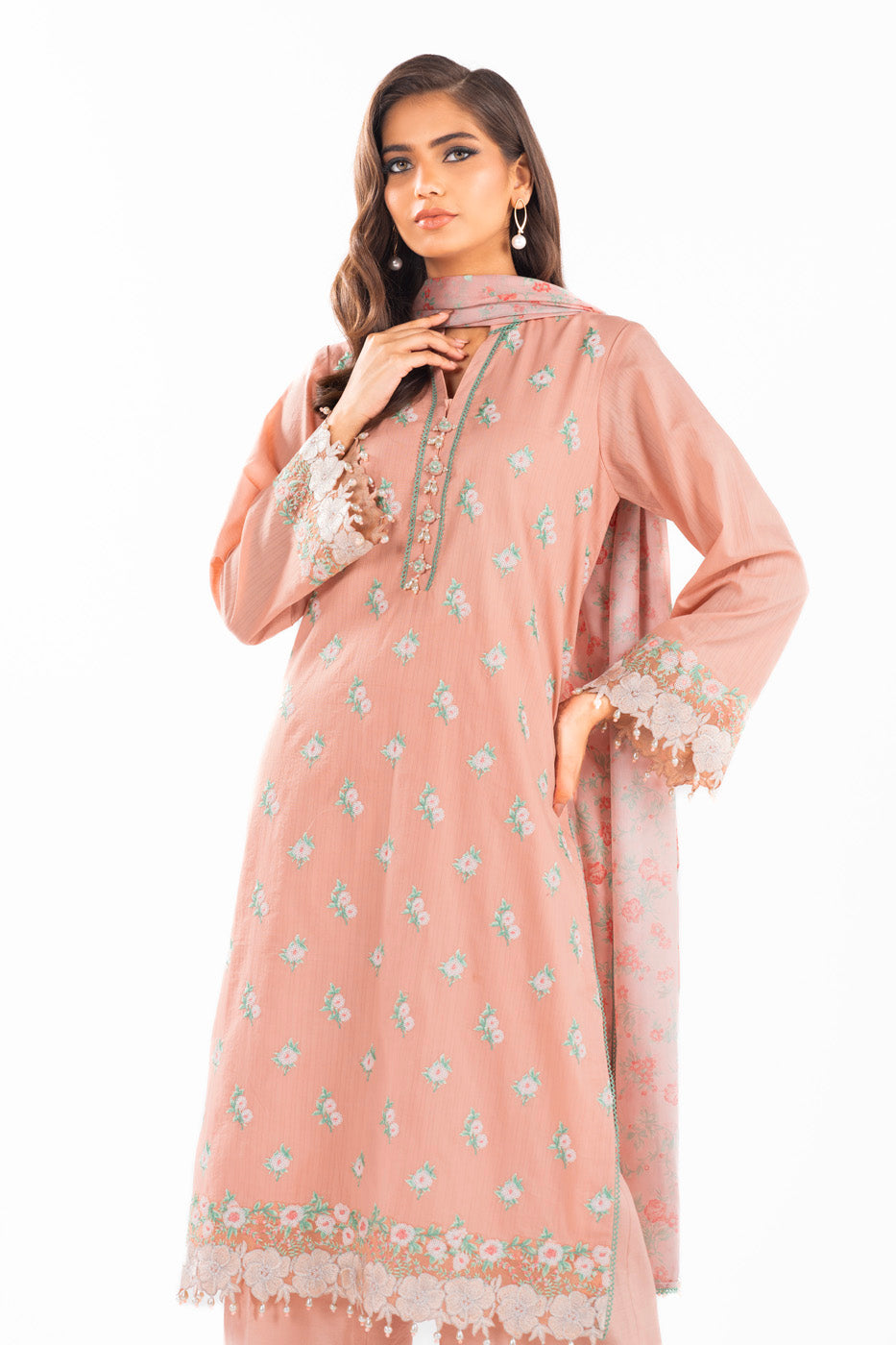 3 Pc Embroidered Dobby  Suit With Tiissue  Silk Dupatta