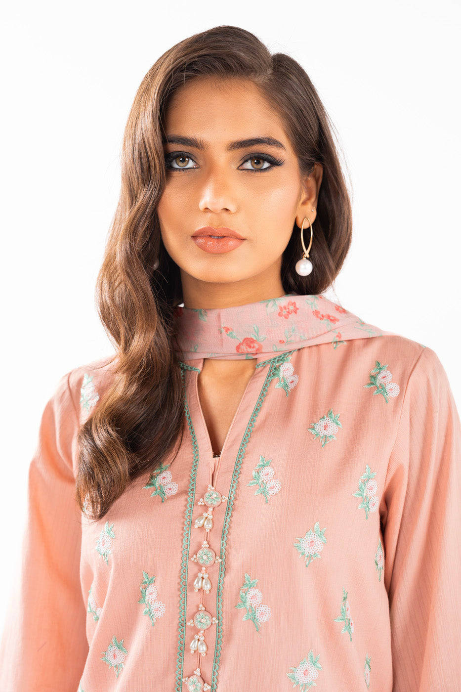 3 Pc Embroidered Dobby  Suit With Tiissue  Silk Dupatta
