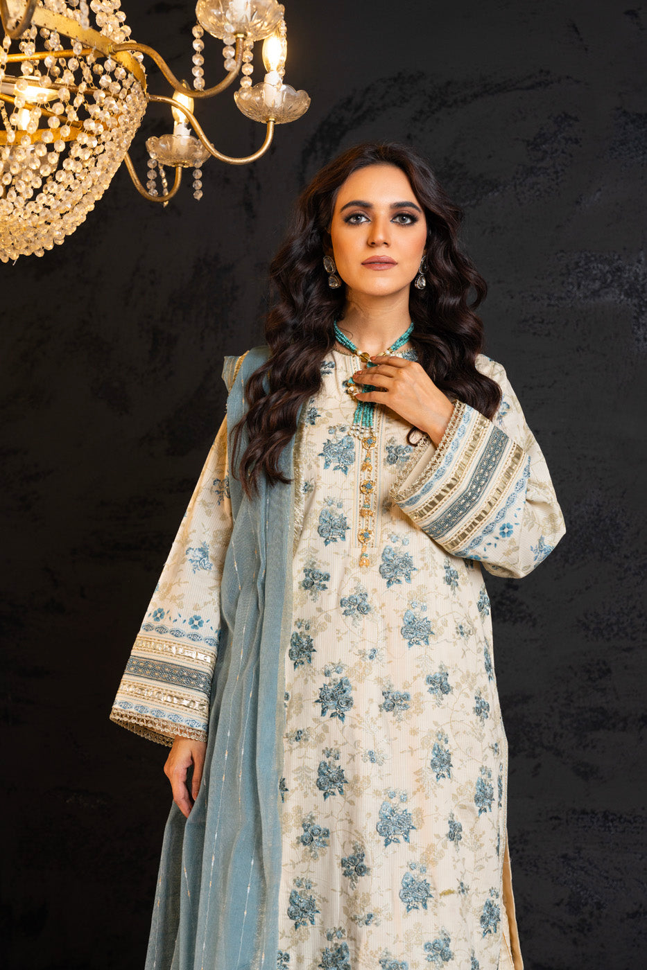3 Pc Embroidered Dobby Lawn Suit With Doriya Dupatta