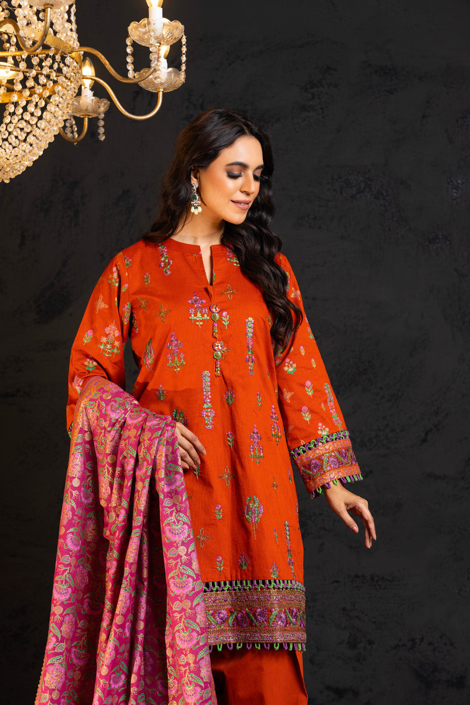3 Pc Embroidered Dobby Lawn Suit With Cotton Silk Dupatta