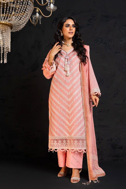 3 Pc Embroidered Lawn Suit With Chiffon Dupatta