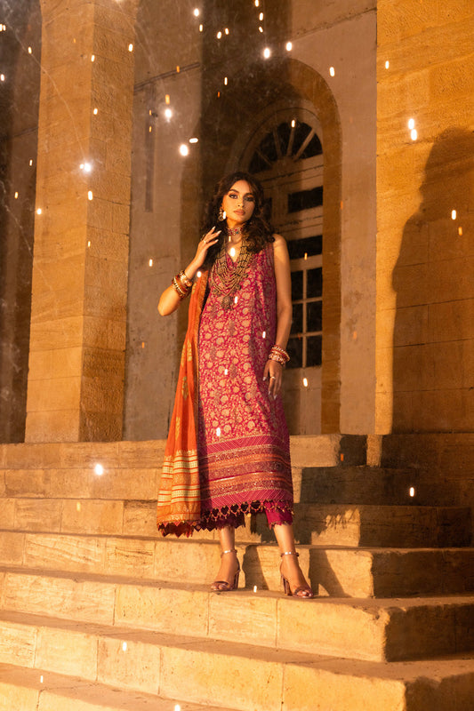3 Pc Embroidered Cambric Suit With Cotton Silk Dupatta