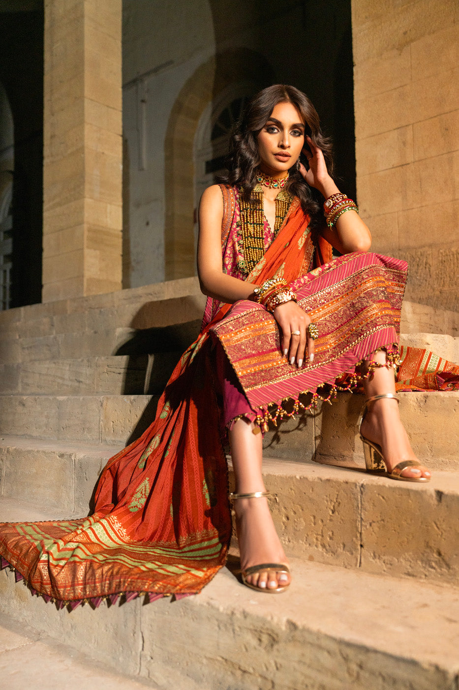 3 Pc Embroidered Cambric Suit With Cotton Silk Dupatta