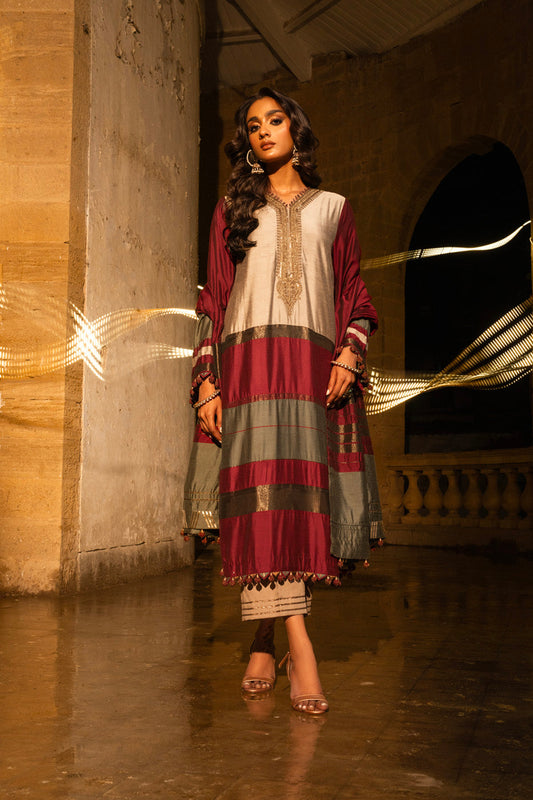 2 Pc Embroidered Yarn Dyed Suit With Yarn Dyed Dupatta