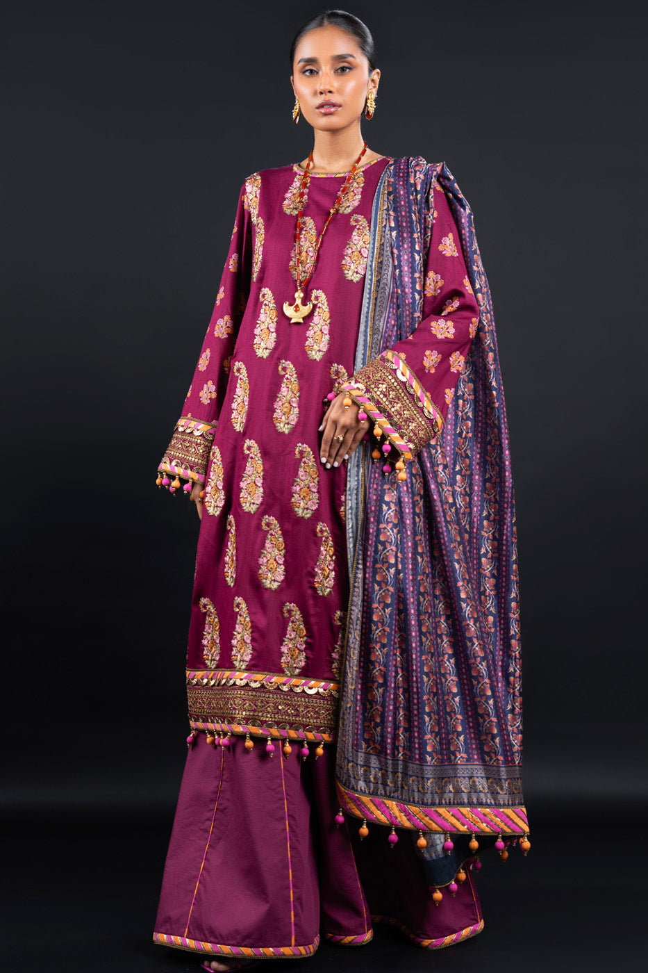 2 Pc Embroidered Cotton Satin Suit With Silk Dupatta