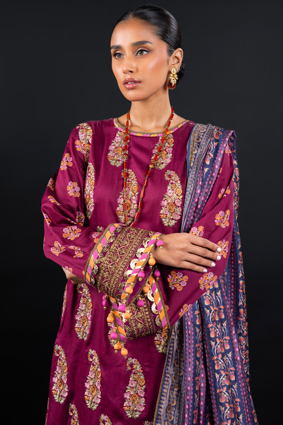 2 Pc Embroidered Cotton Satin Suit With Silk Dupatta