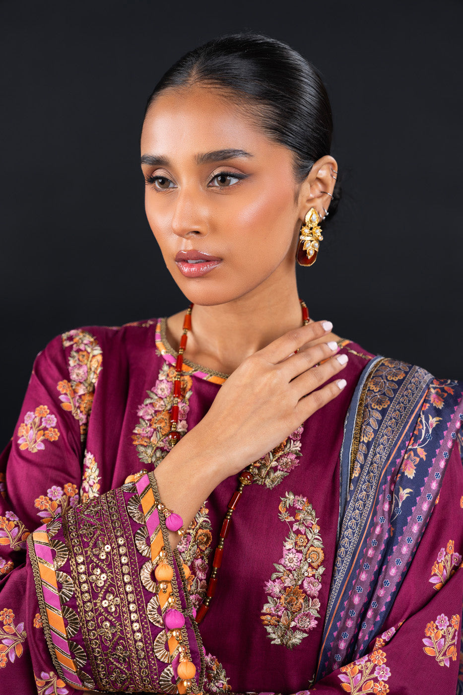2 Pc Embroidered Cotton Satin Suit With Silk Dupatta