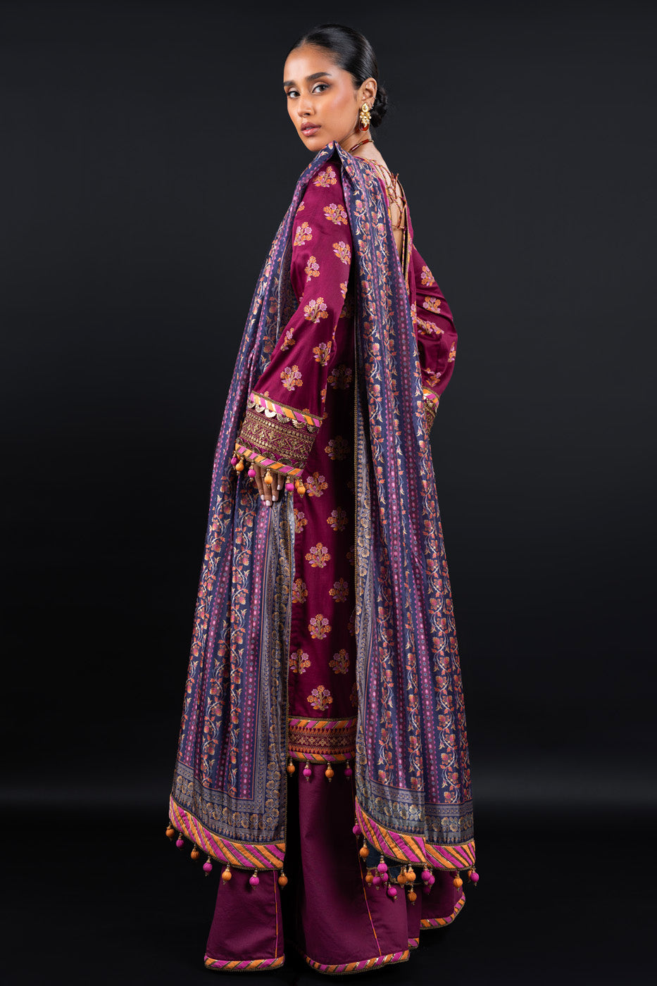 2 Pc Embroidered Cotton Satin Suit With Silk Dupatta