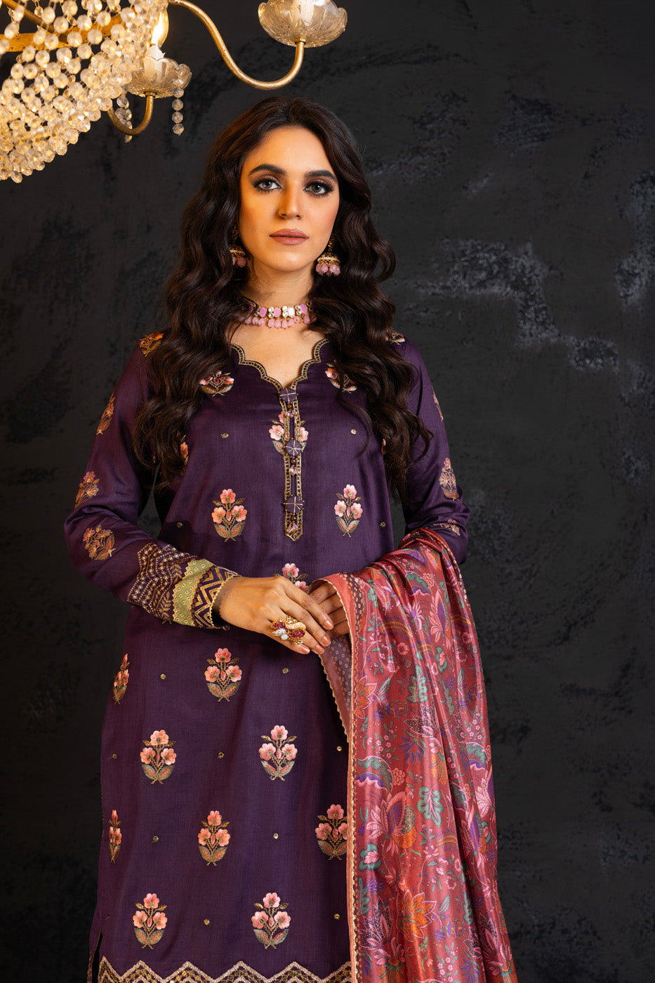 2 Pc Embroidered Cotton Satin Suit With Silk Dupatta