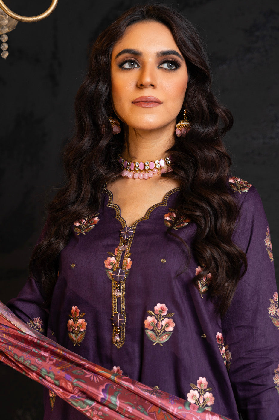 2 Pc Embroidered Cotton Satin Suit With Silk Dupatta
