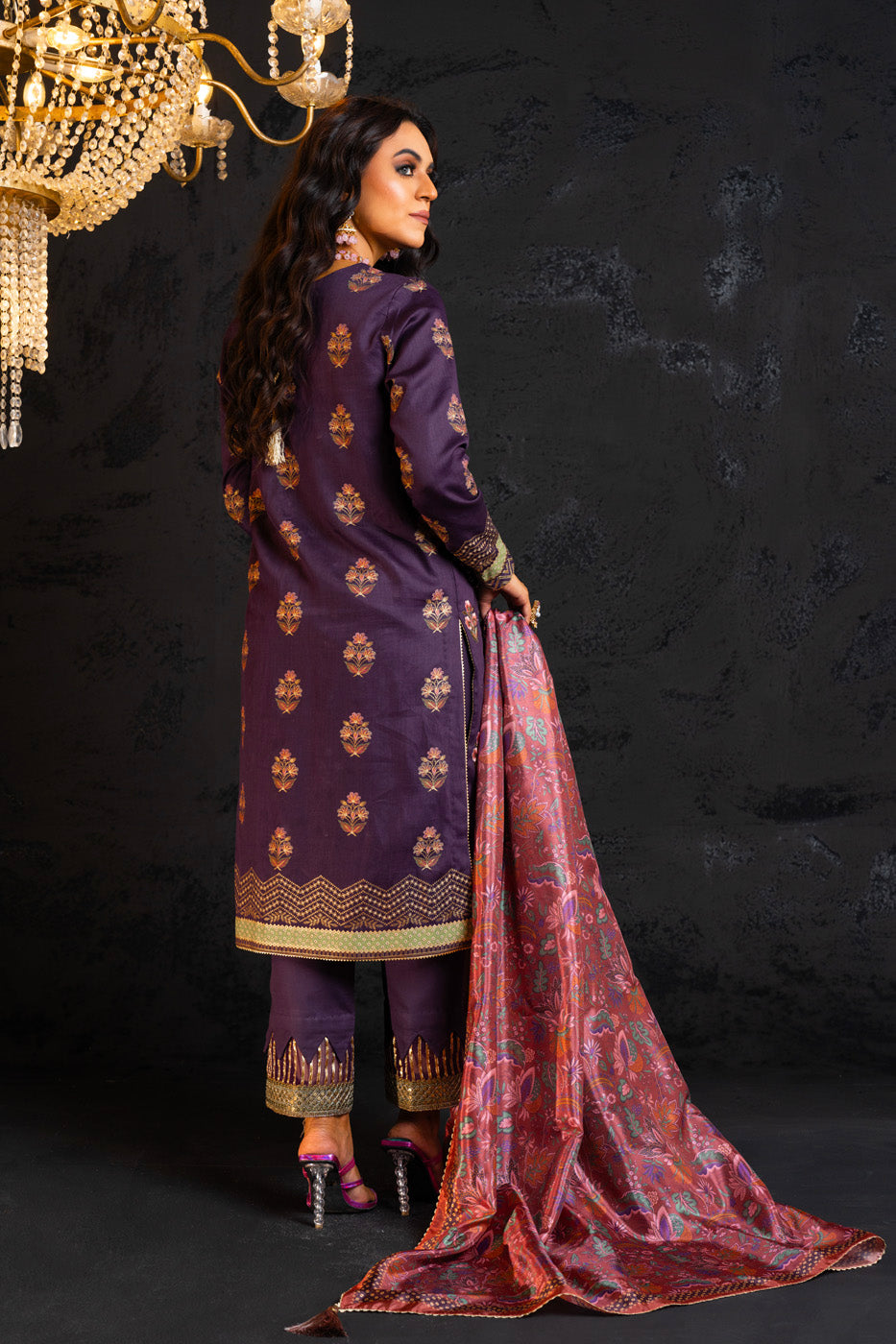 2 Pc Embroidered Cotton Satin Suit With Silk Dupatta