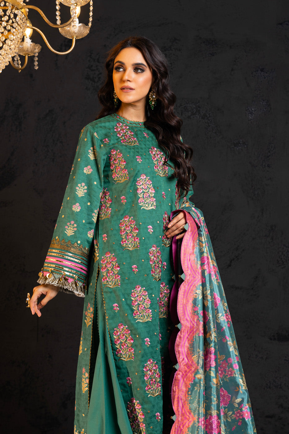 3 Pc Embroidered Jacquard Suit With Silk Dupatta