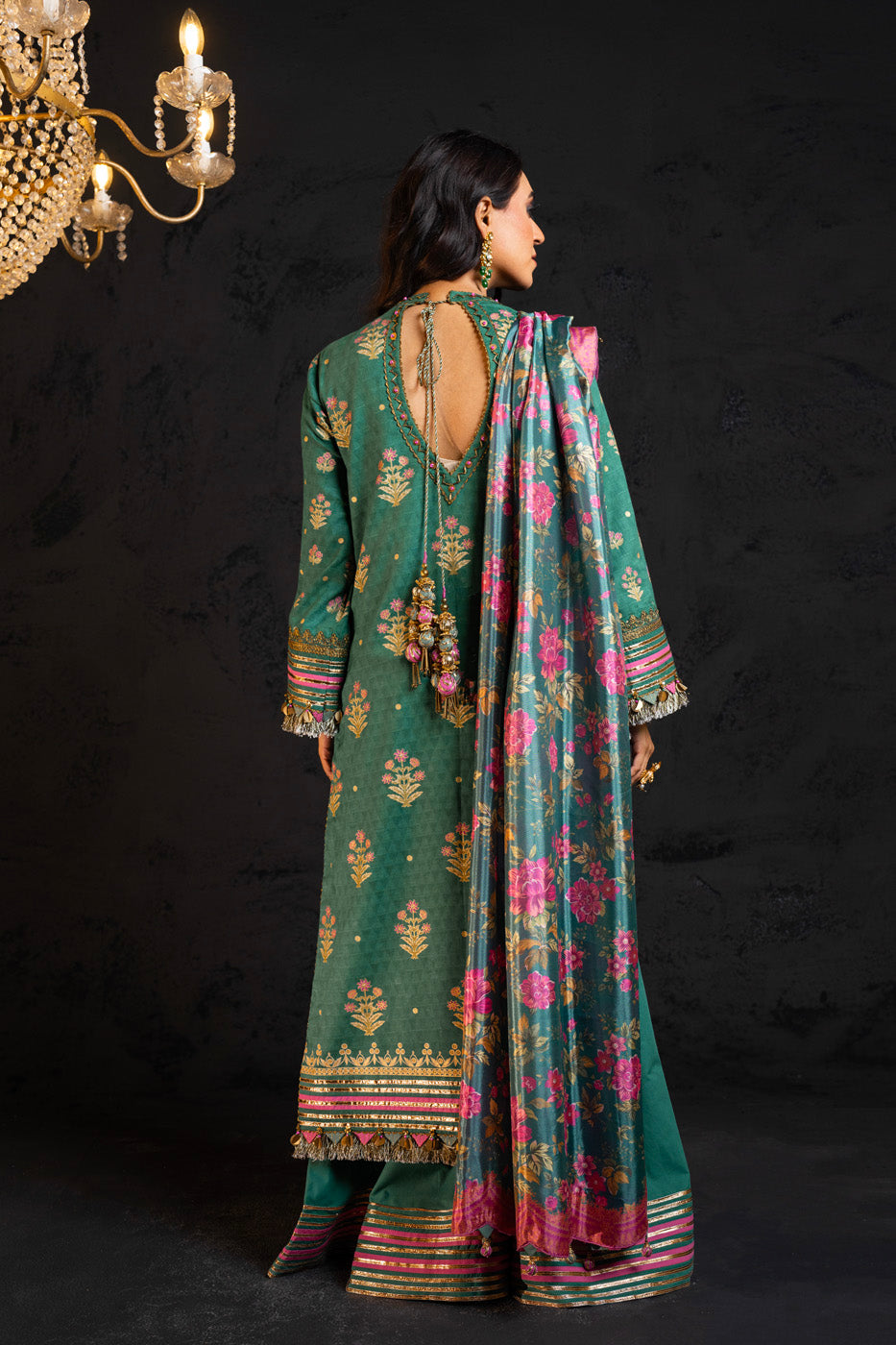 3 Pc Embroidered Jacquard Suit With Silk Dupatta