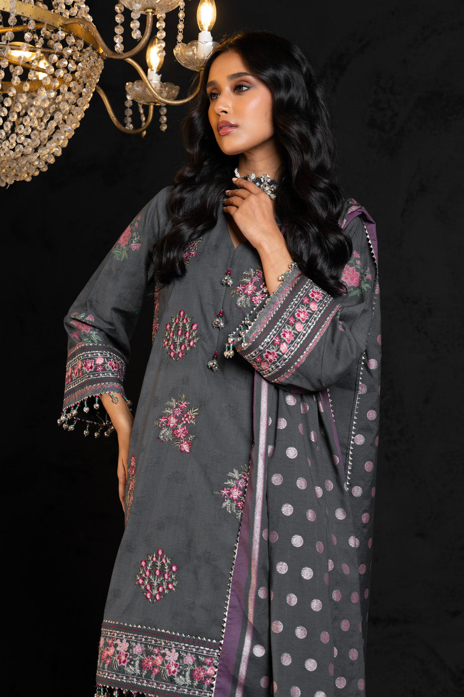 3 Pc Embroidered Jacquard Suit With Cotton Silk Dupatta