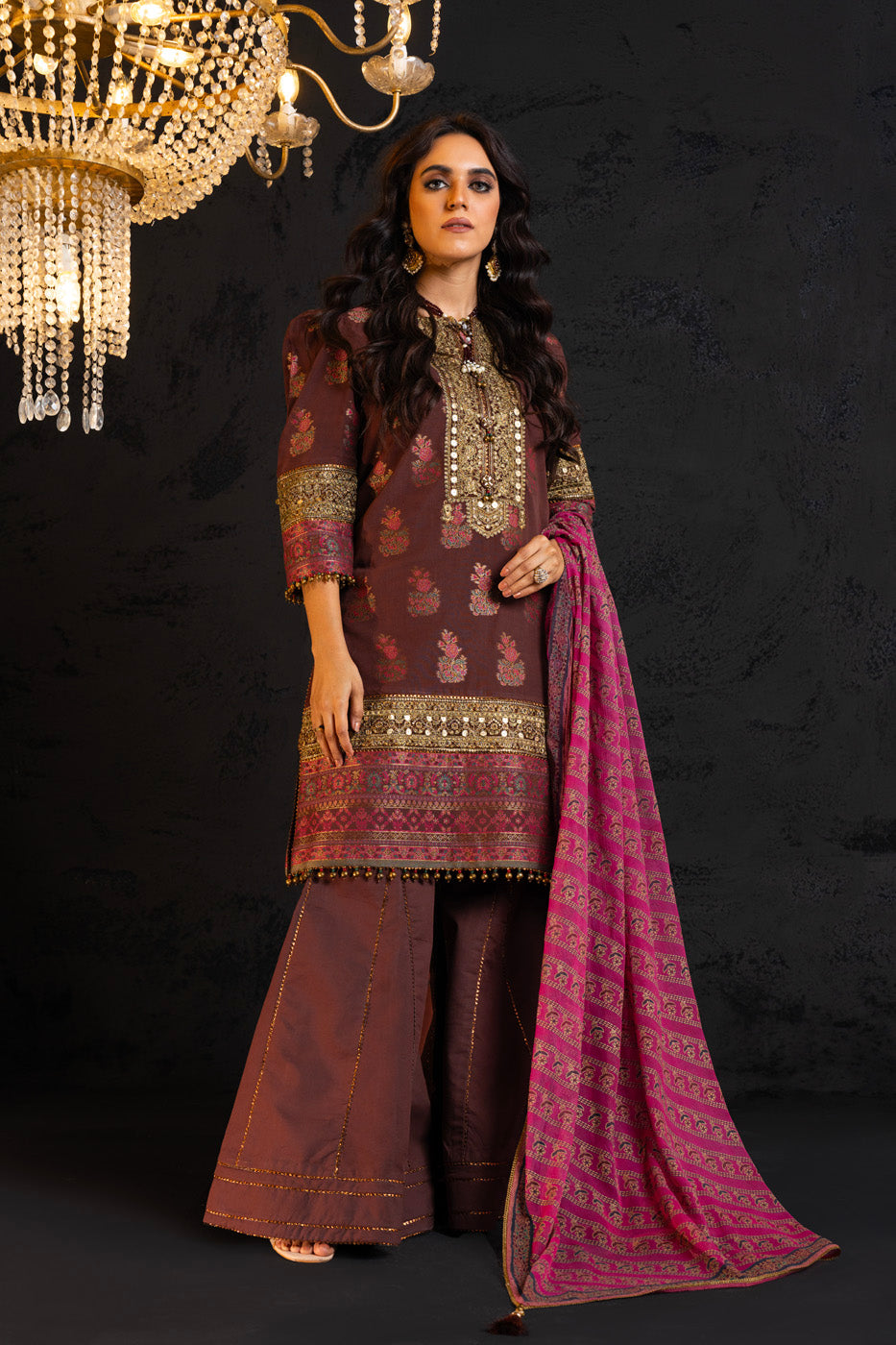 3 Pc Embroidered Jacquard Suit With Chiffon Dupatta