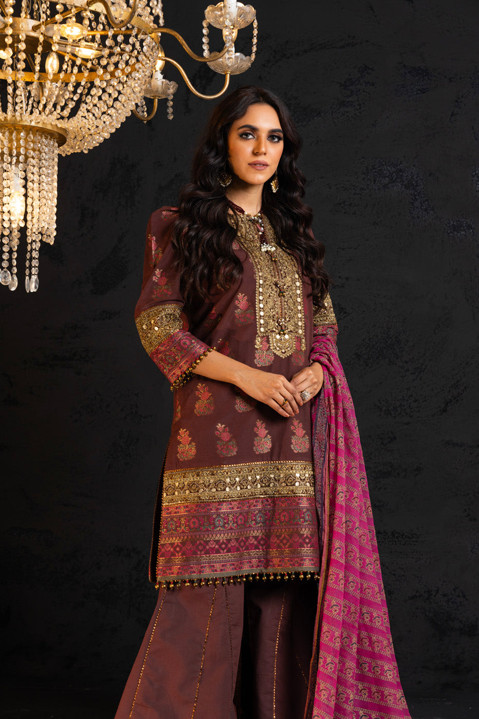 3 Pc Embroidered Jacquard Suit With Chiffon Dupatta